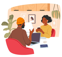 Man and woman coworkers characters working together sharing cozy home office space cartoon scene