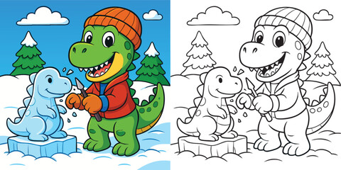 Cute Cartoon Dinosaur Ice Sculptor Coloring Page Winter-Themed Black and White Line Art for Kids