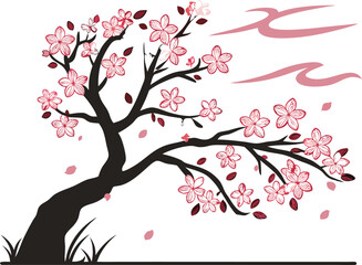 Fototapeta premium Cherry Blossom Tree Vector with Blooming Flowers and Stylized Sun