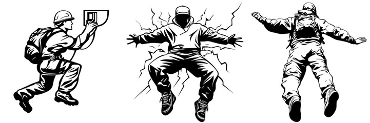 Icon set depicting construction, electrician, and safety worker activities in a minimalistic style for graphic design purposes