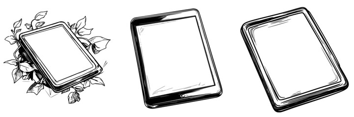 Unique icon set showcasing tablets among foliage, depicting technology interaction with nature in a minimalist design