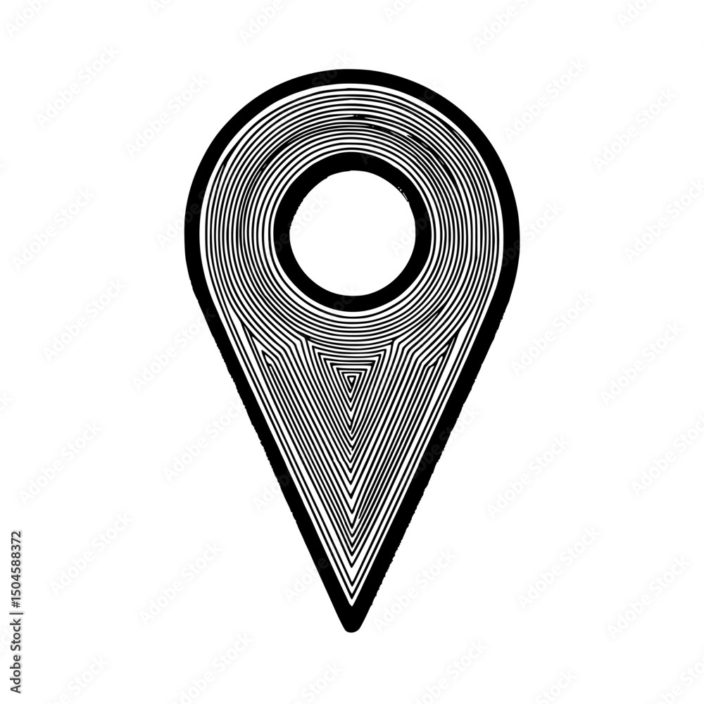 Poster icon set featuring a stylized location pin with circular patterns and a minimalist design