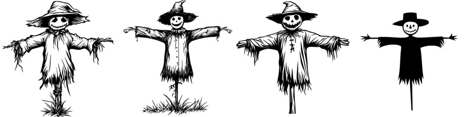 Fototapeta premium Collection of cheerful scarecrow icons designed for autumn-themed projects and festive fun