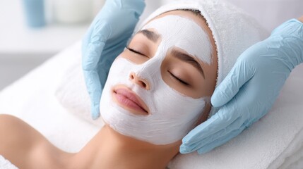 close-up of womanâ€™s face covered with creamy white cosmetic mask, beautician in gloves adjusting edges, soft towels, clean skincare atmosphere 