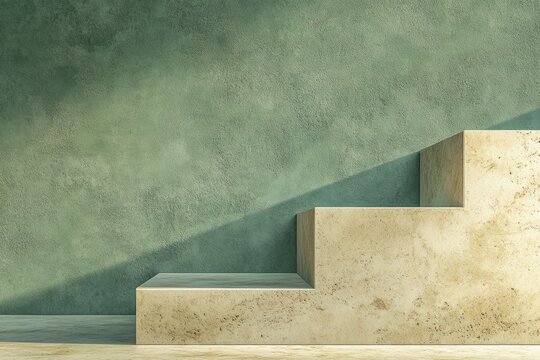 A simple studio setup with a light green textured wall and tan stone steps casting a shadow. 