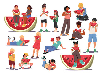 Cute children eating juicy watermelon summer fruit cartoon set isolated on white background