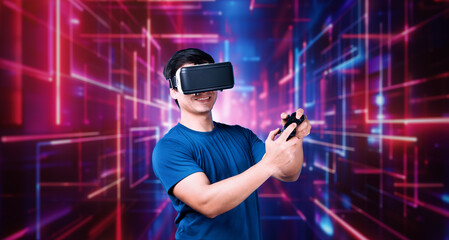 Professional gamer wearing VR headset while holding joystick at pink and purple gradient...