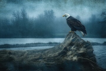 Majestic bald eagle perched atop weathered driftwood against a misty river and forest backdrop.
