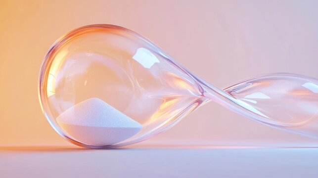 Close-up of an hourglass with a white sand inside. the hourglass is made of transparent glass and has a long, narrow neck.