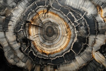 Detailed cross-section of petrified wood showcasing rings of color, textures and cracks, preserving earth's geological history.