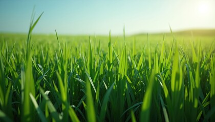 Obraz premium Lush green grass field under clear sky. Blades of grass, sunlit, fresh air, serene vibe. Sunny day landscape with meadow in countryside. Summer nature. Healthy growth on farm.