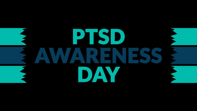 PTSD Awareness Day text with side lines on a black background. Which is observed every year in June to celebrate PTSD Awareness Day.