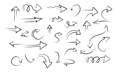 Hand-drawn black arrows with cute curves and a scribbled texture. Against a solid white background, these arrows point in different directions.
