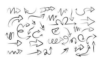 Hand-drawn black arrows with cute curves and a scribbled texture. Against a solid white background, these arrows point in different directions.