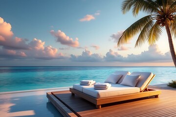 Luxurious Beachside Relaxation: Double Lounger with Ocean View and Palm Trees on Tropical Destination