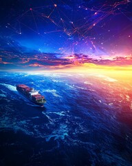 Fototapeta premium Satellite-Driven Economic Analytics Vibrant sunset over a cargo ship at sea. Remote Sensing for Market Prediction AI-Based Global Forecasting Maps