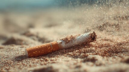 Burnt cigarette butt lying on sand