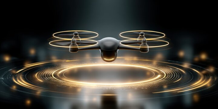 Futuristic drone projected as a rotating hologram, bright edges, hovering above a digital platform, black and gold environment 