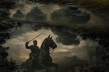 Reflejo de tanques y caballería en charco tras batalla
