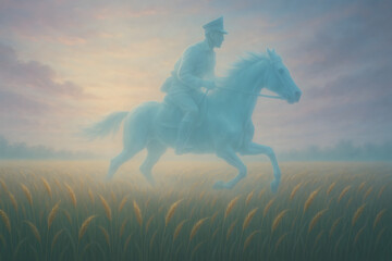 Aparición fantasmal de un jinete cabalgando sobre campo al amanecer
