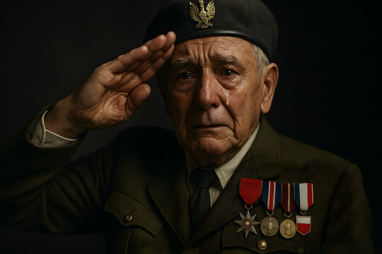 Veterano de guerra saludando con uniforme y medallas
