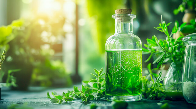 Green tonic in clear flask mystical drink or health elixir setup