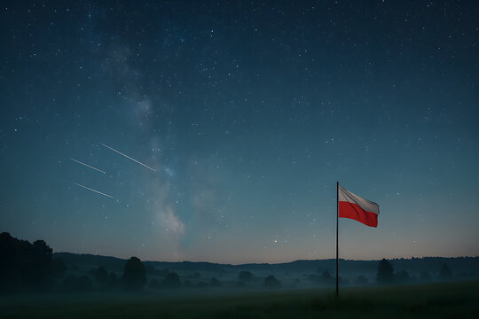 Bandera de Polonia ondeando bajo un cielo estrellado con meteoros
