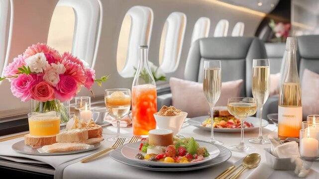 Luxurious dining experience aboard a private jet with exquisite cuisine and elegant ambiance