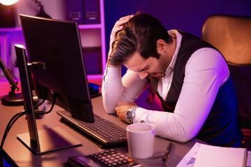 Smart businessman having headache with unfinished product service sales channel report. Concept of...
