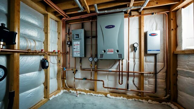 Energy efficient heating system and water heater installed in clean insulated basement utility room
