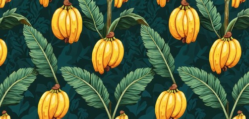 Seamless tropical pattern with yellow bananas, plantain leaves. Botanical illustration for fabric print, wallpaper, textile design, wrapping paper. Vivid florals, jungle theme, bright colours, eco