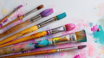 Obraz premium Hobby background scattered paintbrushes watercolor stains light background bright vivid colors creative inspiring atmosphere