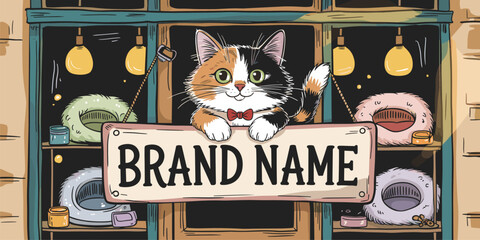 Whimsical Hand-Drawn Illustration of a Calico Cat Shopkeeper, banner, cover deisgn