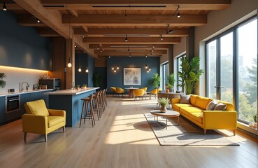 Modern co-living space offers communal living. Shared amenities include kitchen, dining area, living room with yellow sofa. Warm atmosphere creates inviting vibe. Apartment design provides modern