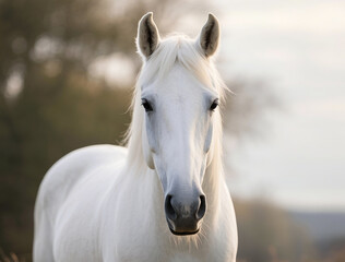 a pure white horse standing calmly in the misty morning landscape. The mist and muted colors create...