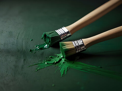 Paintbrushes are painting green stripes splashes and smears of paint on a white background, creating a vibrant contrast and showcasing a creative painting process