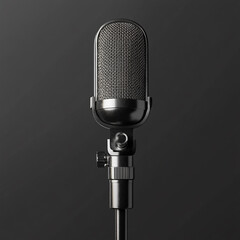 Close up shot of a vintage microphone standing against a dark gray colored simple background studio shot