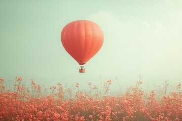 Fototapeta premium Hot air balloon adventure over flower fields scenic landscape tranquil environment aerial view travel concept