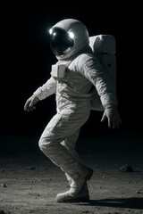 Astronaut in full white spacesuit walking on moon surface at night and doing the moonwalk backslide dance