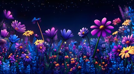 Fototapeta premium Vibrant Night Garden Flowers Blooming Under Stars