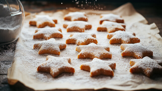 Freshly baked star-shaped cookies sprinkled with powdered sugar on parchment paper.  
 - Powered by Adobe
