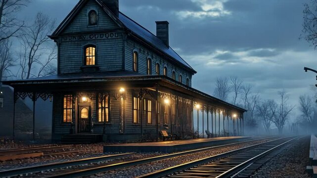 Haunted train station at twilight