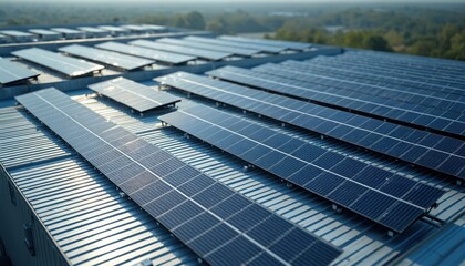 Aerial view solar panels on factory roof. Sustainable energy concept, renewable electricity. Solar cell installation, photovoltaic modules convert sunlight to power. Environmentally friendly green