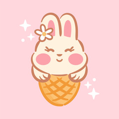 vector illustration features a cute and funny kawaii rabbit adorned with a flower on its head, sitting inside a ice cream cone. design exudes charm and playfulness, perfect for cheerful designs.
