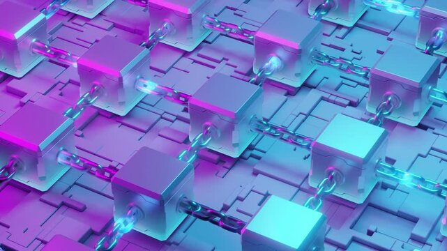 3D blockchain cubes linked with chains, camera rotating around central node in a futuristic digital network