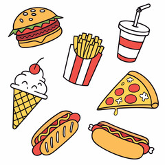 Fast Food Doodle Icons Set Burgers, Fries, Pizza, Soda, Hot Dogs, Ice Cream Vector Art
