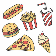 Fast Food Doodle Icons Set Burgers, Fries, Pizza, Soda, Hot Dogs, Ice Cream Vector Art