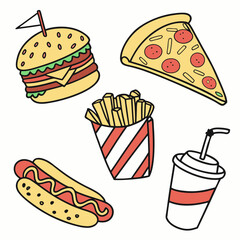 Fast Food Doodle Icons Set Burgers, Fries, Pizza, Soda, Hot Dogs, Ice Cream Vector Art