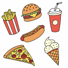 Fast Food Doodle Icons Set Burgers, Fries, Pizza, Soda, Hot Dogs, Ice Cream Vector Art
