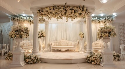 Elegant Wedding Stage: A beautifully decorated wedding stage, adorned with fresh flowers, classic architectural elements, creating a sophisticated atmosphere for a memorable celebration.